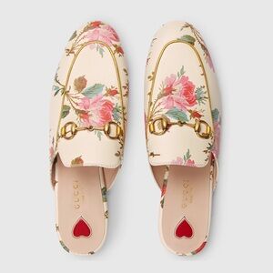 $990 Gucci Made in Italy Calfskin Stamp Allover Rose Princetown Mules Size 6